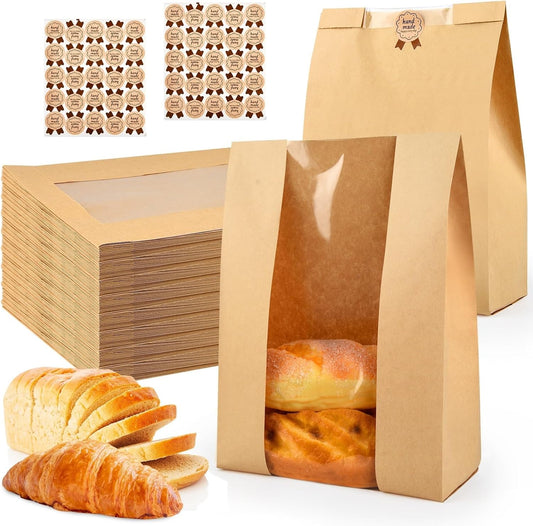 30 Pcs Bread Bags for Homemade, ROOKEA Sourdough Bread Bags with Window for Baked Paper Packaging with Sealing Stickers Bakery Cookie Food Snack Storage Large Kraft Paper 13.7x8.2x3.5 inch