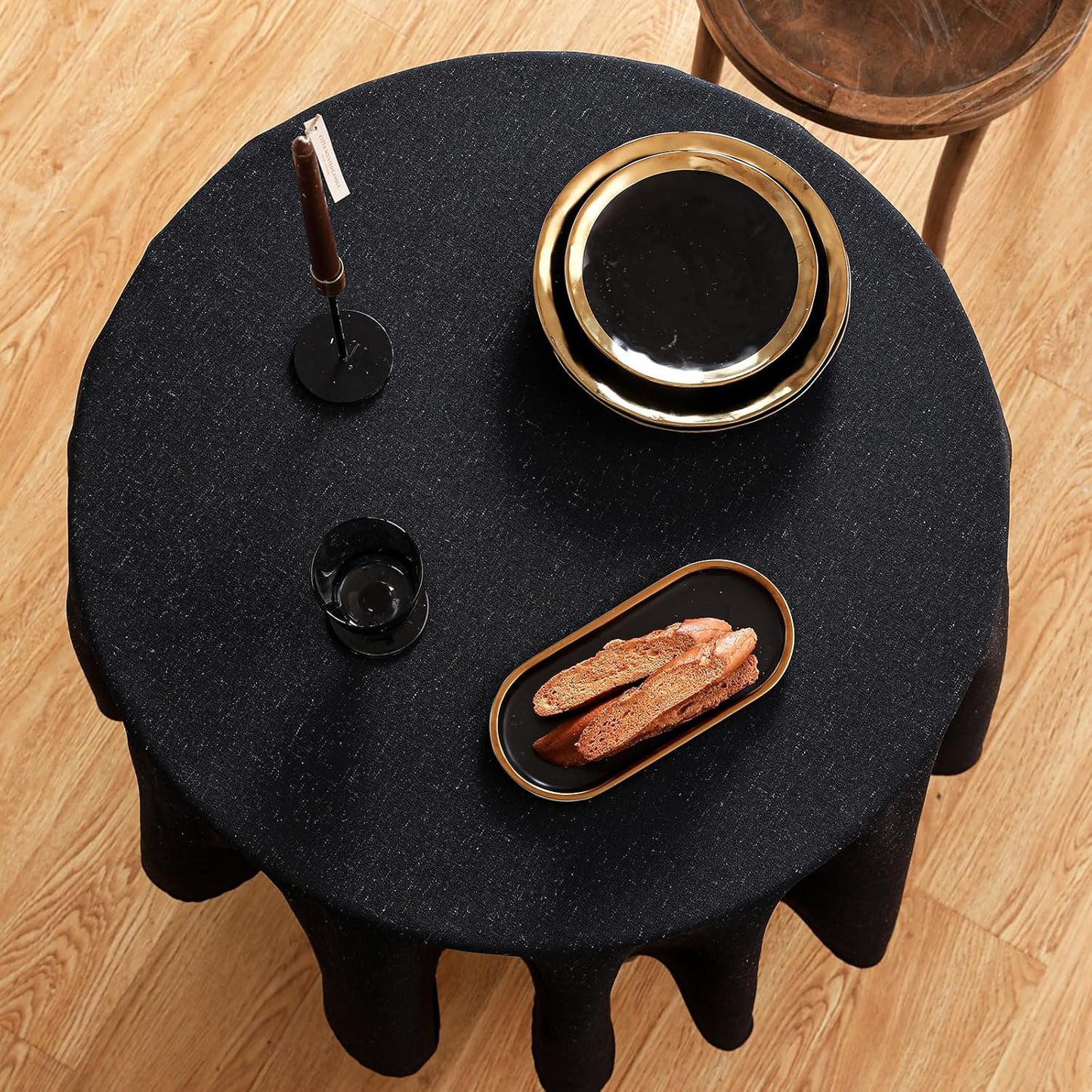 ISAENNE Black Tablecloth for Round Tables,Linen Table Cloth Solid Color Plain Simplicity,Heavy Durable Table Cover for Dining Kitchen Decor Party Banquet, Diameter 55"