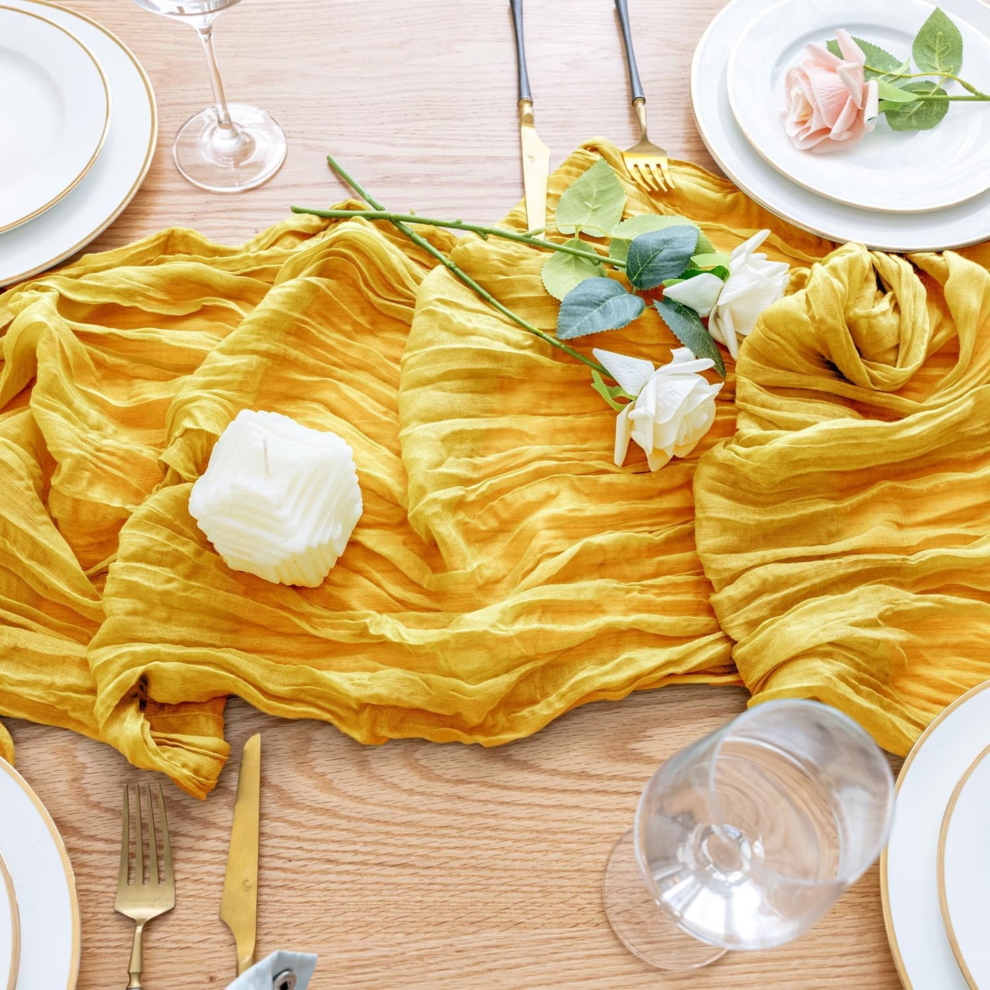 Wokceer Cheesecloth Table Runner 4Pack 10FT Gold Christmas Boho Gauze Fall Cheese Cloth Table Runner for Party Easter Rustic Sheer Table Runners for Baby Bridal Shower Wedding