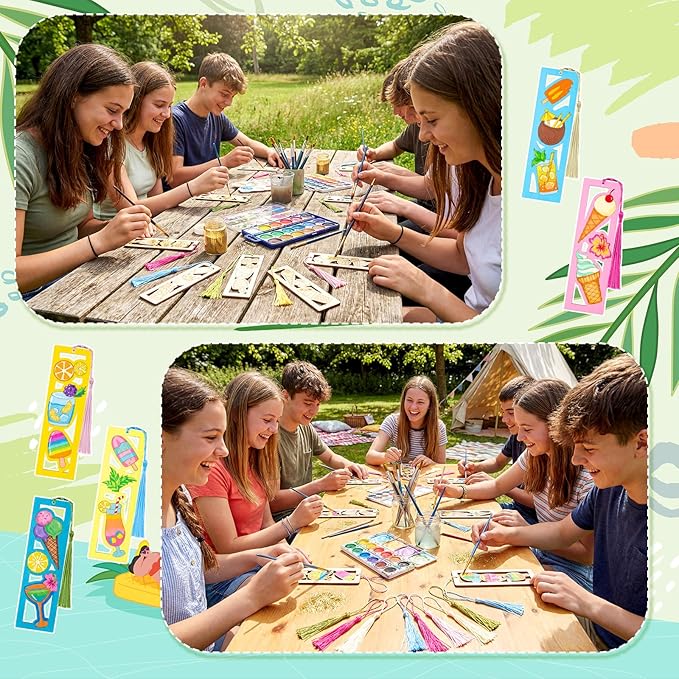 Yexiya 100 Pcs Bulk Summer Ice Cream DIY Bookmarks Kit - 50 Set Unfinished Wood Crafts with Tassels for Classroom Rewards, Student End of Year Gifts, Summer Camp & Luau Party Favors