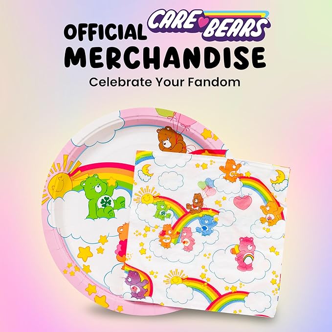 Silver Buffalo Care Bears Featuring Grumpy, Good Luck, Tenderheart, Love-A-Lot, Friend, Cheer, and Birthday 32 Pack Partyware Disposable Paper Plates and Napkins