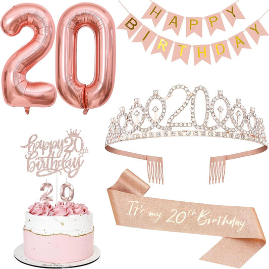 20th Birthday Decorations for Women, Including 20th Tiara and Sash, Happy Birthday Banner, Cake Toppers, Number Candles and Balloons Set, Rose Gold