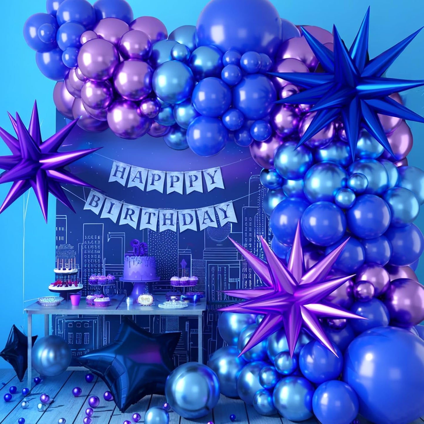 Purple Blue Balloon Arch Kit, Metallic Purple and Blue Balloons Garland Kit with Star Balloons Party Birthday Balloons for Boys Video Game Birthday Baby Shower Engagement Party Supplies
