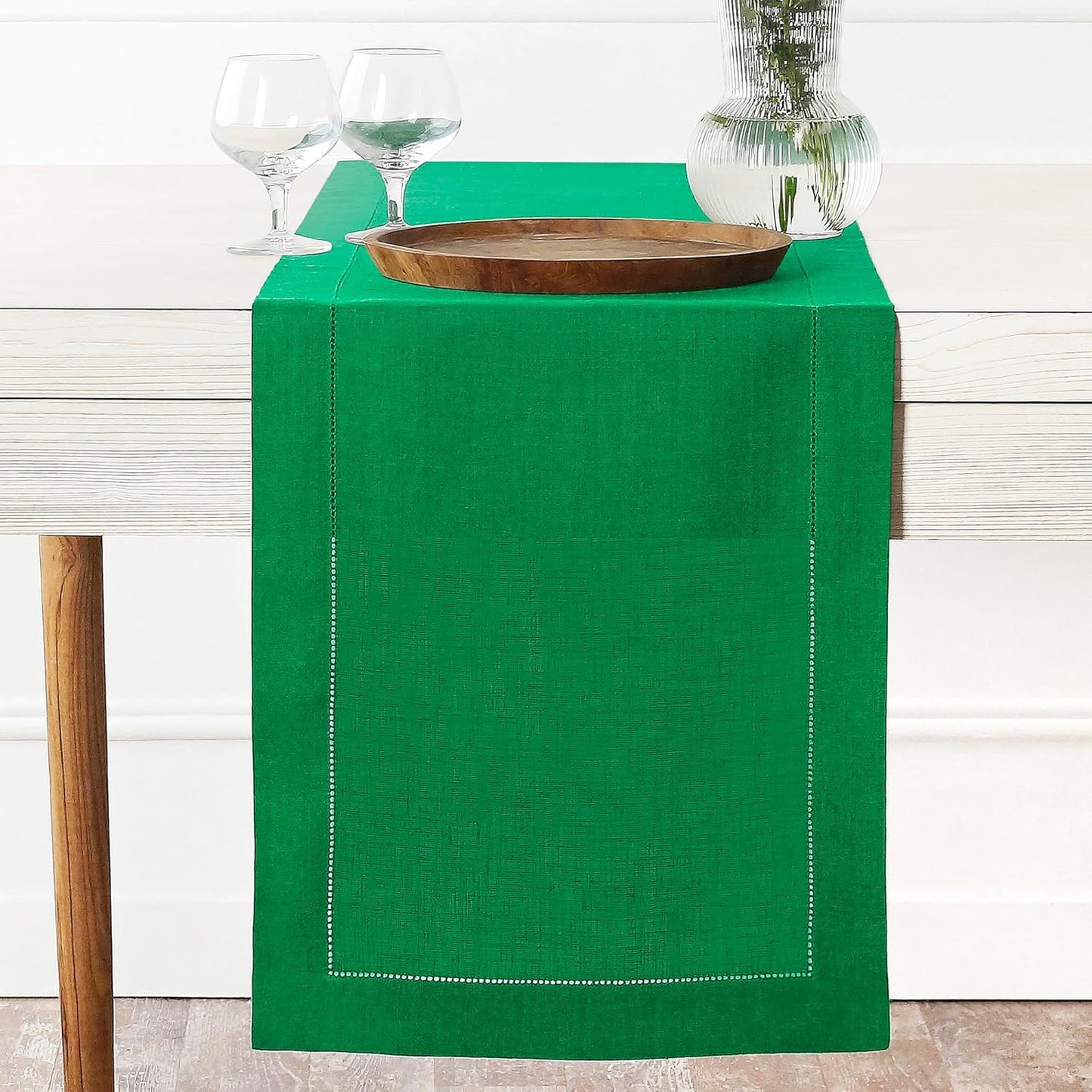 D'Moksha Homes Linen Kelly Green Table Runner 84 Inches Long - 100% Pure Linen Table Runner 14 x 84 Inch for Fall, Autumn and Halloween - Classic Hemstitch