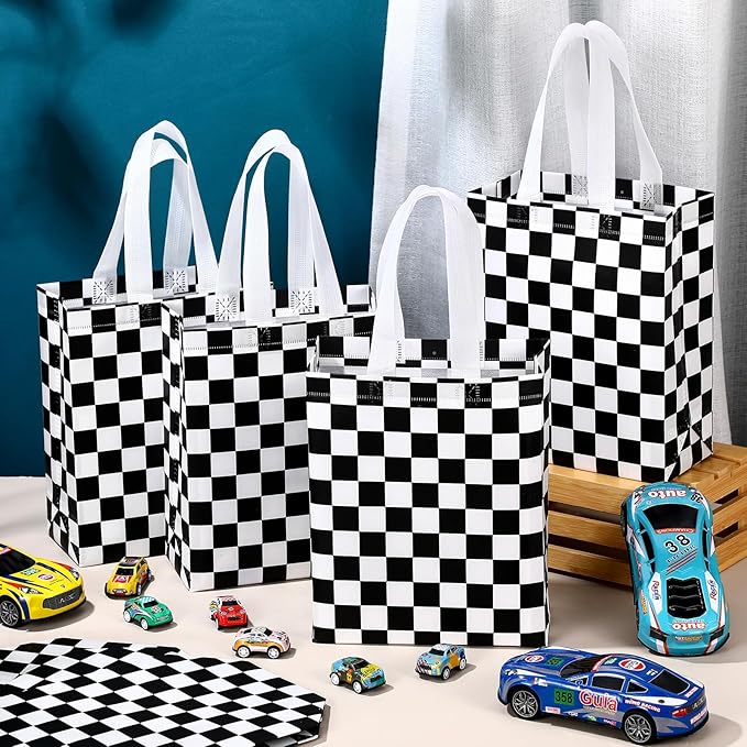 Supervitae 24 Pack Checkered Racing Gift Bags Race Car Party Favors Bag Black and White Reusable Totes Non Woven Candy Totes for Race Car Themed Birthday Party Supplies(9.8" x 7.9" x 3.9")