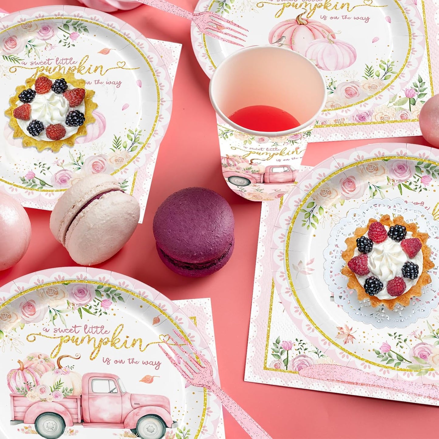 168PCS Pink Pumpkin Baby Shower Party Supllies for Girls Sweet Fall Floral Birthday Party Decorations Thanksgiving Tableware Plates Cups Napkins Cups Forks Knives and Straws Dinnerware for 24 Guests