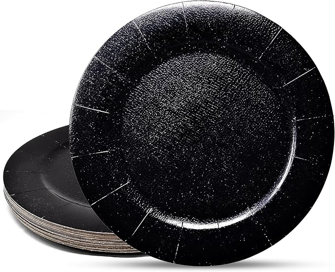 Gift Boutique 24 Pcs Black Round Disposable Charger Plates 13" Heavy Duty Dinner Serving Tray Paper Cardboard Platters for Table Setting Place Mats