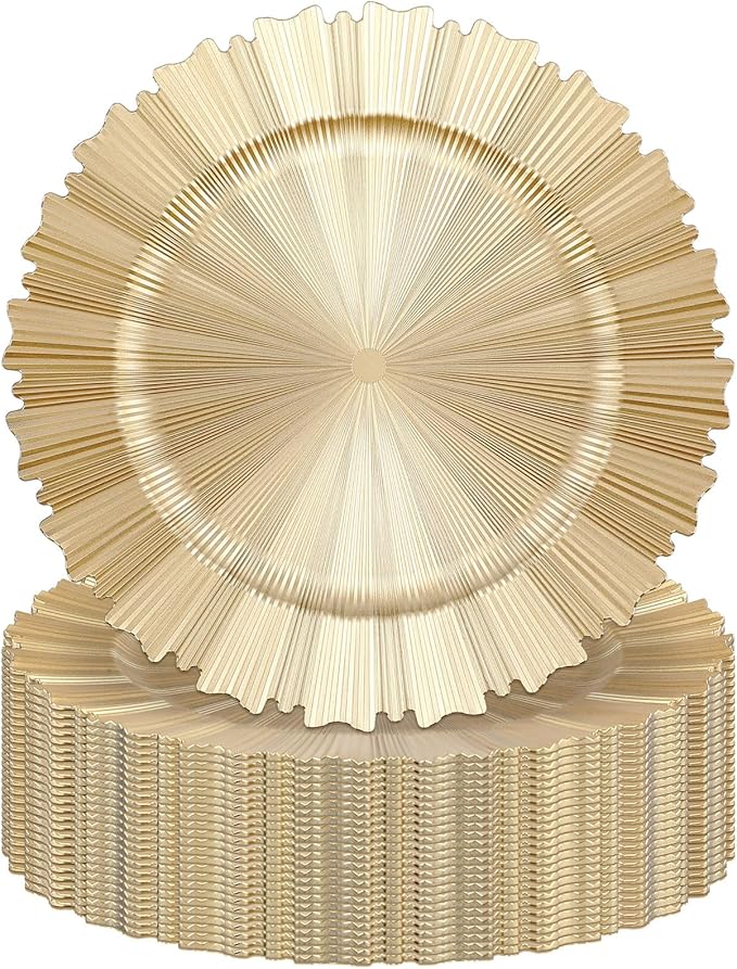 Mifoci 24 Pcs Champagne Gold Charger Plates Bulk 13 Inch Plastic Round Chargers Fluted Edge Dinner Plate Wedding Decoration for Table Setting Wedding Party Event Tabletop