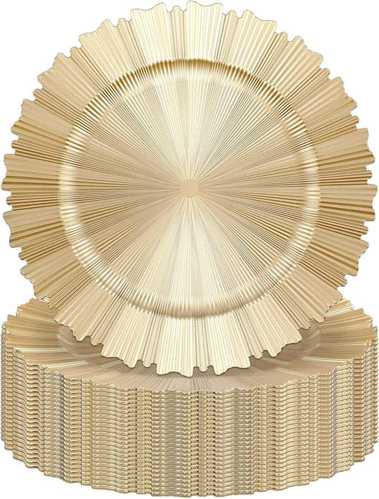 Mifoci 24 Pcs Champagne Gold Charger Plates Bulk 13 Inch Plastic Round Chargers Fluted Edge Dinner Plate Wedding Decoration for Table Setting Wedding Party Event Tabletop