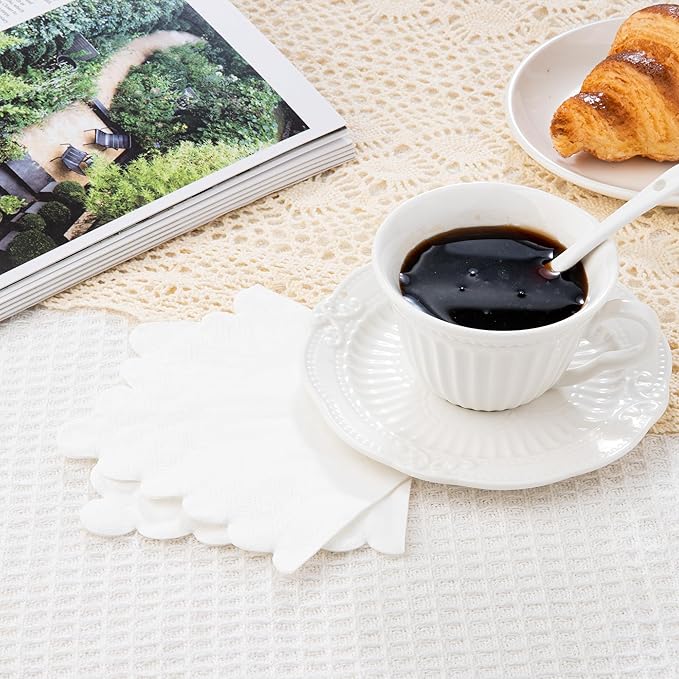 100 Pcs White Napkins Scalloped Edged Dessert Cocktail Napkins Folded 5 x 5 Inches Disposable Napkins for Dinner Wedding Birthday Party