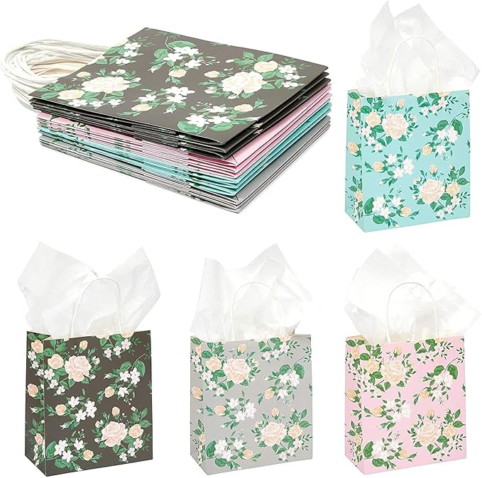 Sparkle and Bash 12 Mini Floral Gift Bags - 8 x 9 x 4 in Multicolor Pack - Party & Thank You Favors - For Baby & Bridal Showers