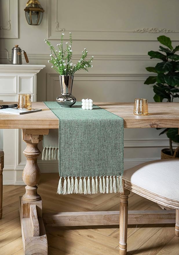 ZeeMart Green Table Runners 108 Inches Long, Burlap Linen Style Rustic Farmhouse Table Runner, Long Boho Dining Table Runner, 13x108 Inches, Mineral Green