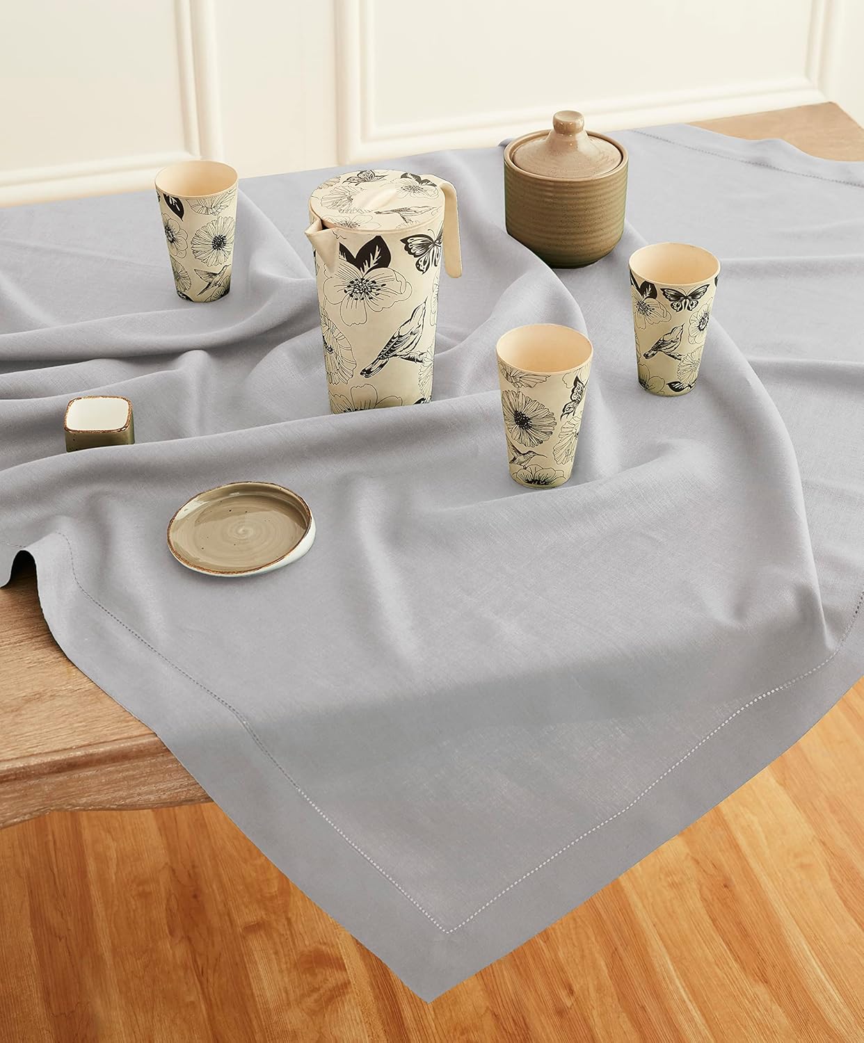 Solino Home Soft Grey Linen Tablecloth 52 x 52 Inch - 100% Pure Linen Square Table Throw - Classic Hemstitch, Machine Washable Table Cloth for Fall, Autumn, Thanksgiving, Christmas