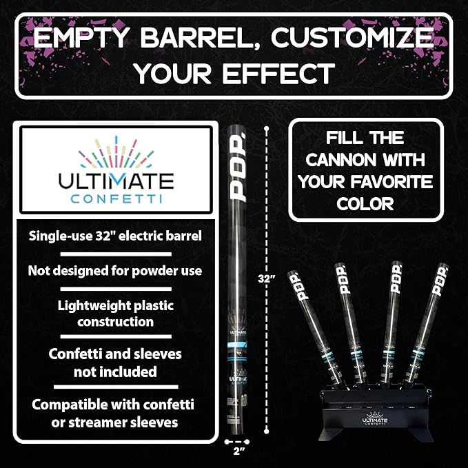 Ultimate Confetti - 32” Electric Empty Barrel Confetti Popper Cannon, Empty Single-Use Barrel for Confetti or Streamers, Shoots 25–35 ft, Requires EC-1 or EC-4 Confetti Machine to Activate