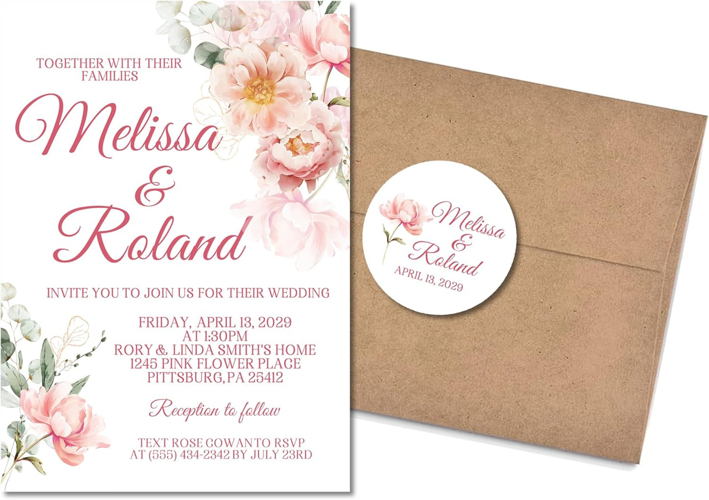 Pink & Peach Floral Wedding Invitations, Garden Design, Personalized, Set of 12 Invitations with Envelopes