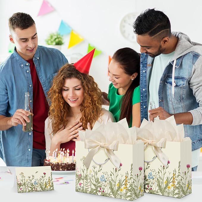 Maitys 12 Pack 13" Large Spring Wildflower Gift Bag Vintage Floral Paper Bags with Handles, Tissue Papers, Ribbons and Greeting Cards for Wedding Bridal Showers Birthday Baby Shower Party Decorations