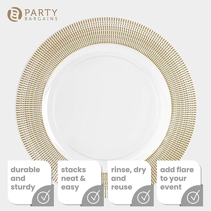 PARTY BARGAINS 13-Inch Charger Plates - 16 Pack, Clear Gold Textured Rim, Heavy-Duty Disposable Chargers for Elegant Dining - Ideal for Weddings and Formal Events