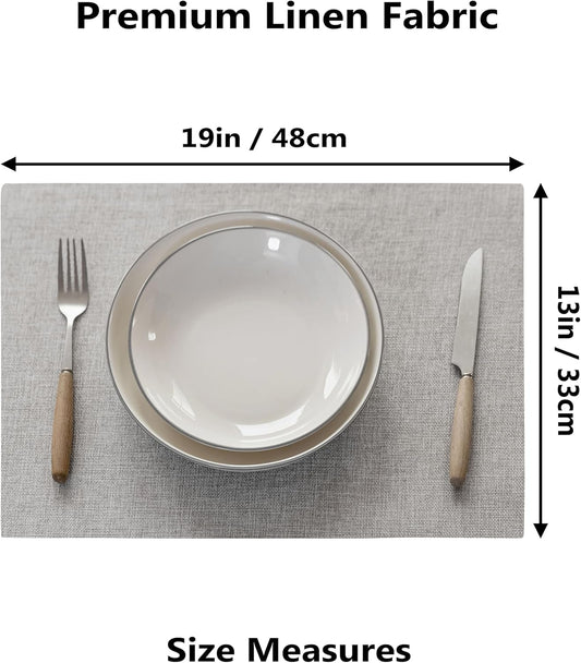 Demetex Gray Placemats Set of 6 Linen Heat Resistant Plate Mats Washable Place Mats for Buffet Dinner Party Decorations, 13 x 19 inches, Light Grey