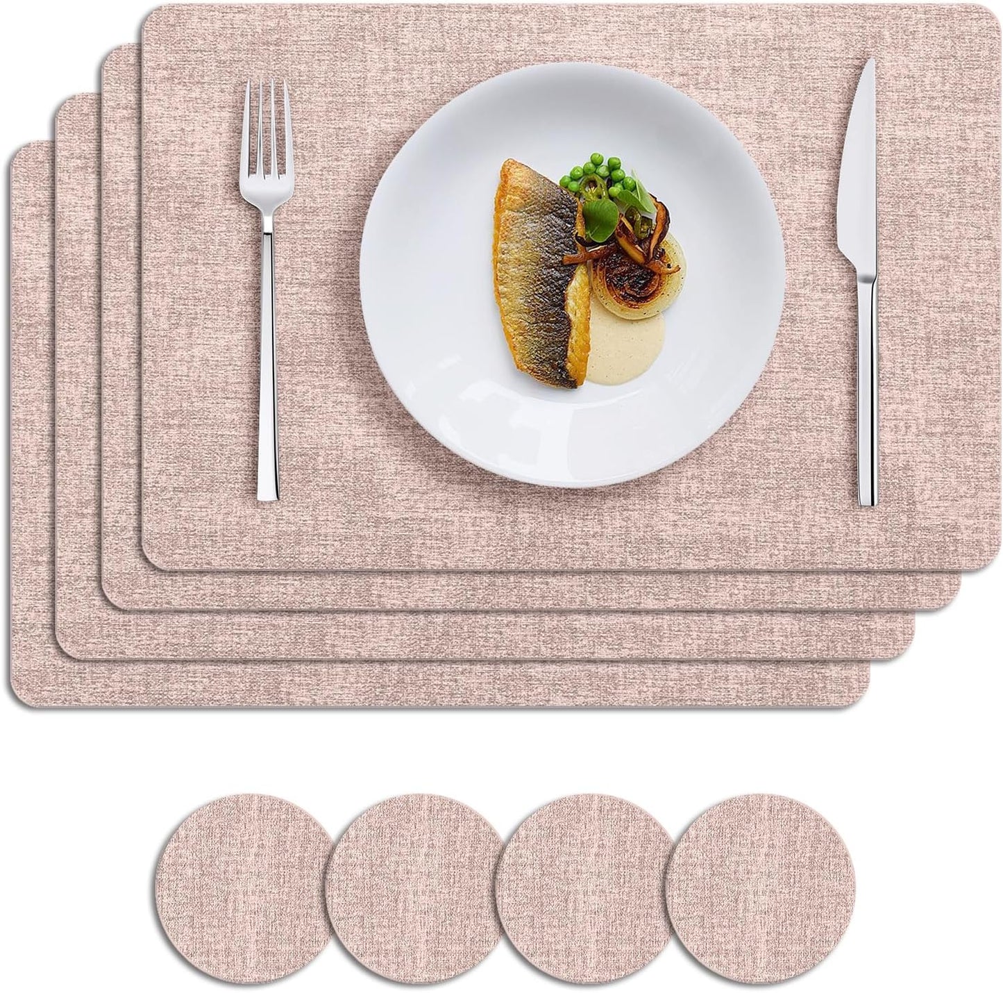 MOSAYT Faux Leather Placemats Set of 8, Heat Resistant Vinyl Place Mats with Coasters, Wipeable Washable Waterproof Oil Proof Table Mats for Kitchen Dining Indoor Outdoor, 12" x 18", Pink