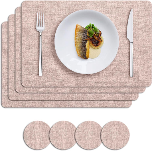 MOSAYT Faux Leather Placemats Set of 4, Heat Resistant Vinyl Place Mats with Coasters, Wipeable Washable Waterproof Oil Proof Table Mats for Kitchen Dining Indoor Outdoor, 12" x 18", Pink