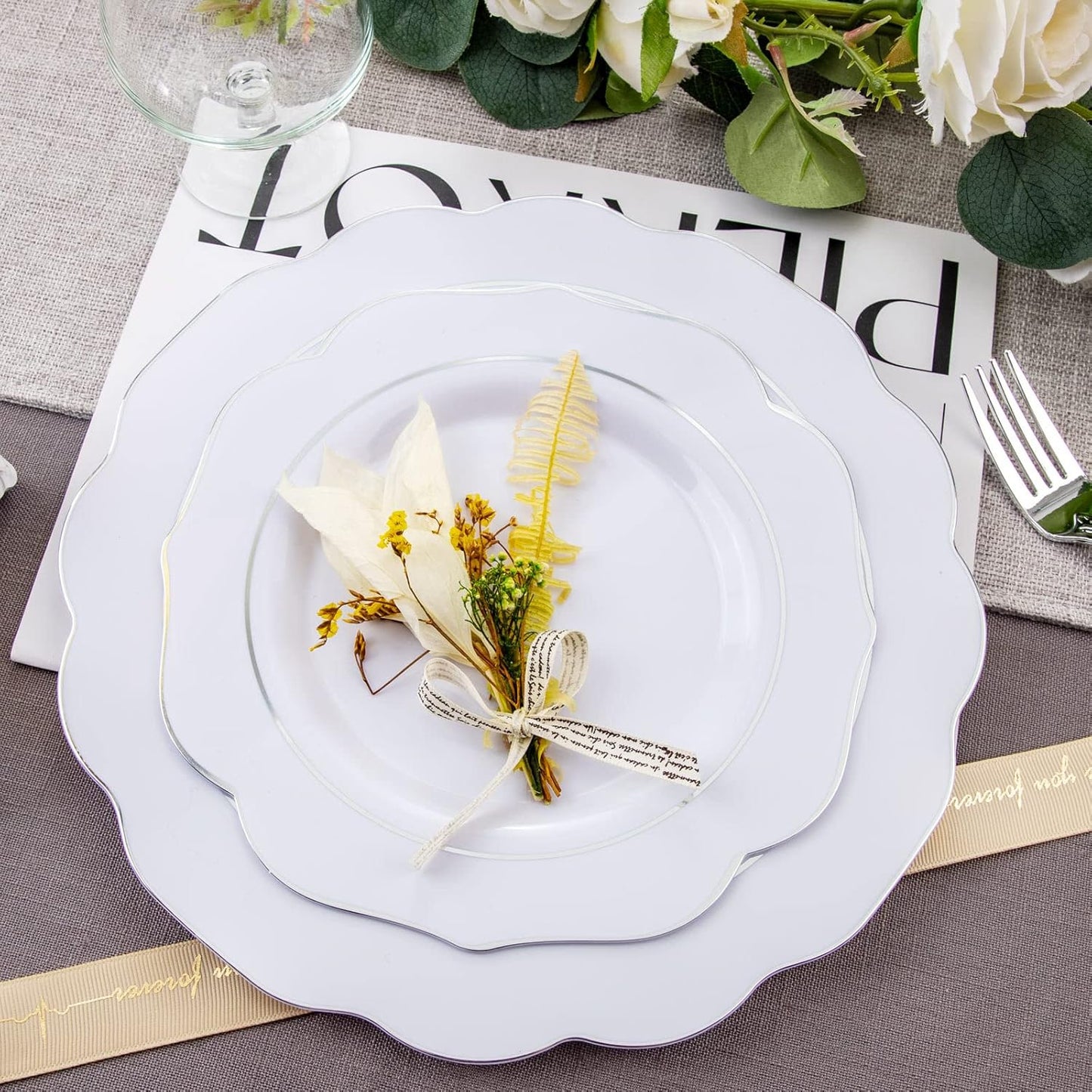 NOCCUR 175pcs Silver Plastic Plates - Silver Rim Plastic Tableware Include 25 Dinner/Dessert Plates, 25 Forks, 25 Knives, 25 Spoons for Wedding/Party/Christmas