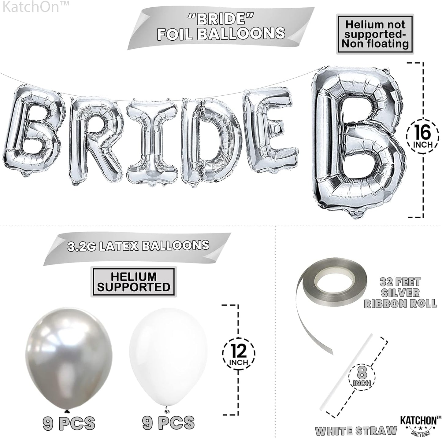 KatchOn, 23pcs Silver Bride Balloons Set - 16 Inch, Silver & White, for Bachelorette Party Decorations