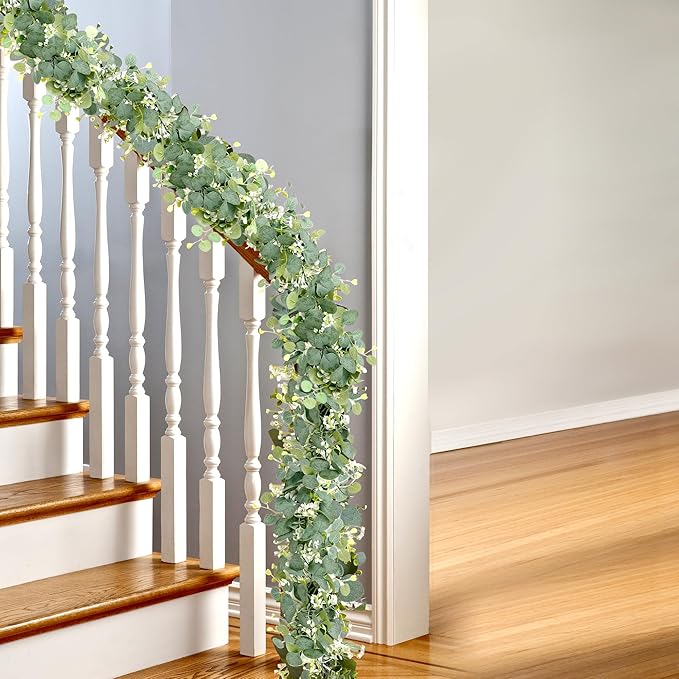 4Pcs Eucalyptus Garland, 5.9FT Greenery Garland, Green Garland with Flowers, Artificial Faux Silver Dollar Eucalyptus Leaves Vines for Table Home Wedding Mantle Party Indoor Outdoor Decor