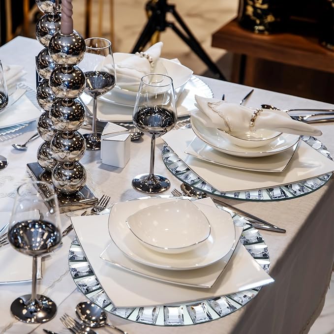 Suclain 12 Pcs Mirrored Glass Charger Plates 13 Inch Silver Mirror Plates Round Chargers for Dinner with Diamond Rim Settings for Wedding Birthday Party Events (Square Diamond Rim)