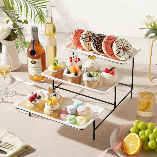 Lifewit 3 Tier Serving Tray, 12" x 6.5" White Plastic Tiered Food Serving Platters, Tiered Tray Stand for Party with Black Collapsible Metal Stand, Dessert Display Stands for Cookies, Crackers