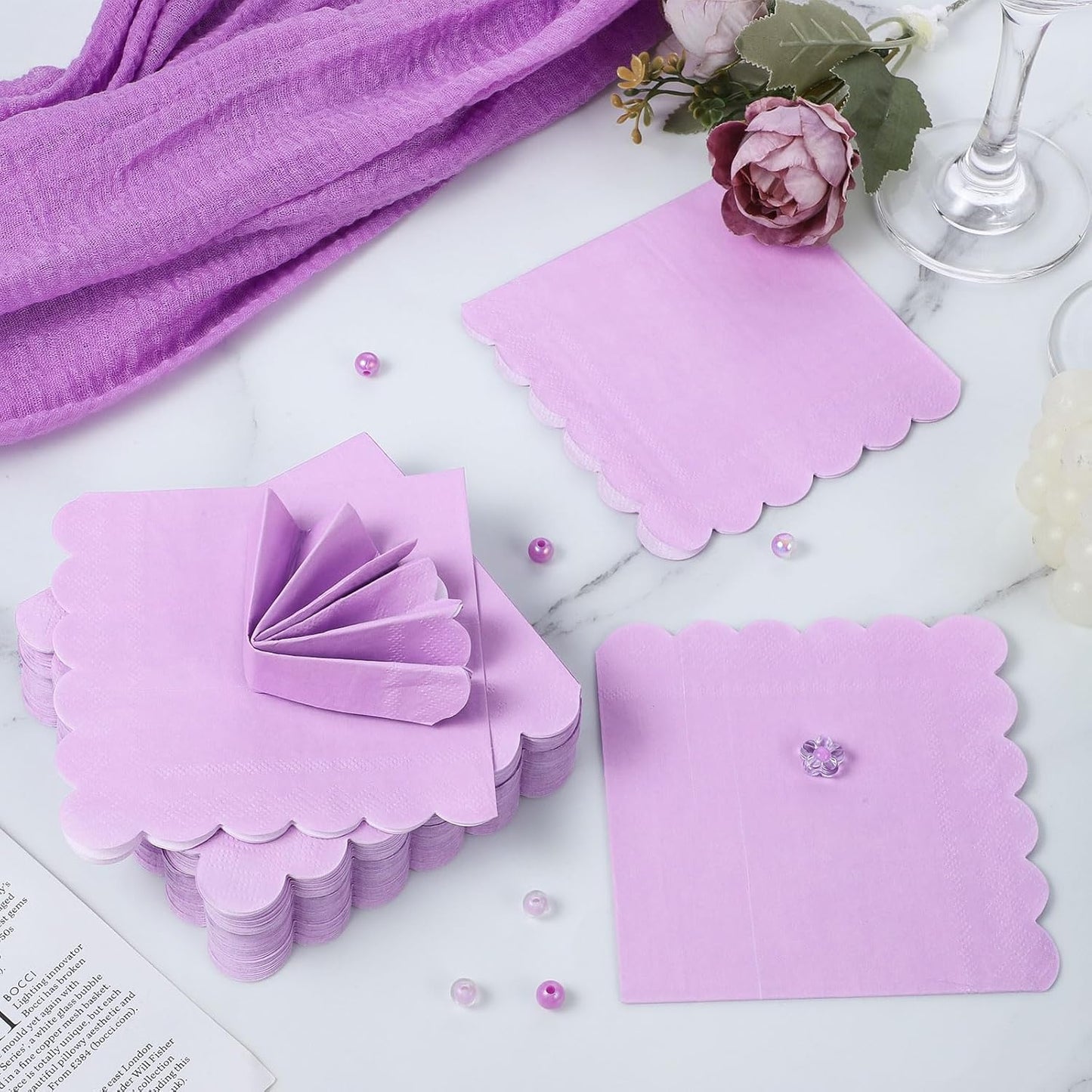 120 Pcs Purple Napkins,Scalloped Lavender Napkins Disposable Purple Cocktail Napkin Lilac Beverage Dessert Napkin for Birthday Wedding Bridal Baby Shower, 5 x 5 Inch