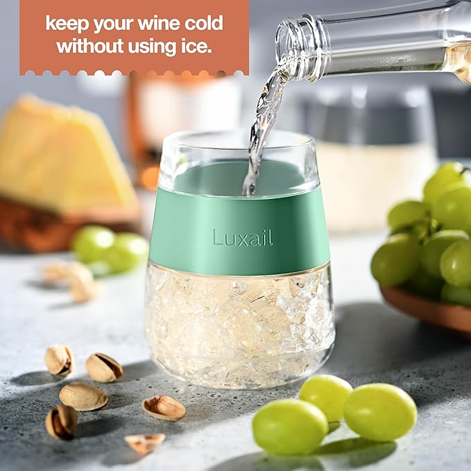 Wine Glasses, Plastic Wine Glasses Set of 2, Wine Gifts, Double Wall Insulated Freezer Tumbler, Stemless Freezer cups for Red and white Wine, 8.5 Oz, Sage Green