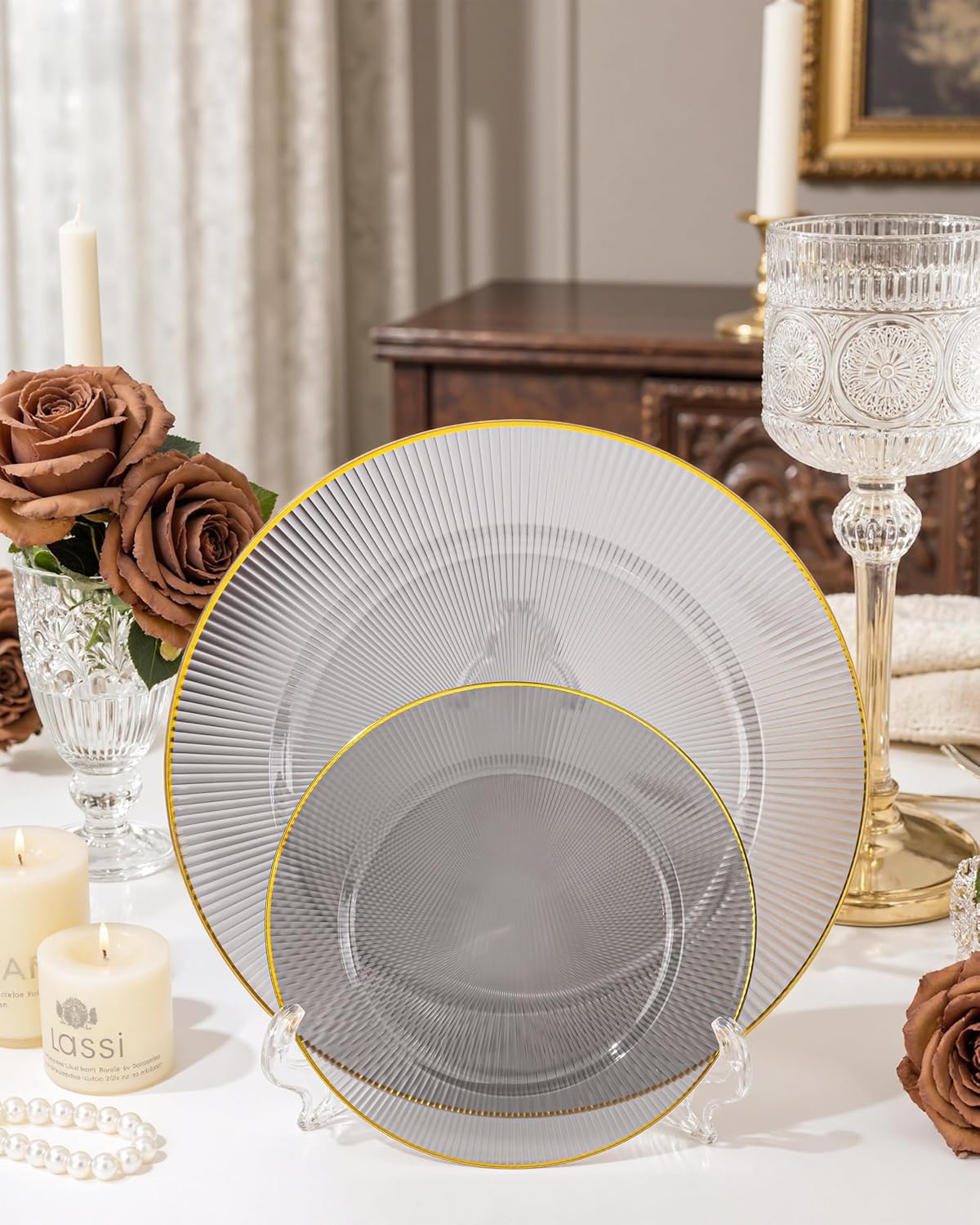 Hioasis 60pcs Black and Gold Plastic Plates - Black Disposable Dinnerware Set, 30pcs Dinner 10.25in & 30pcs Dessert 7.5in Plates with Striped Designs for Party & Halloween
