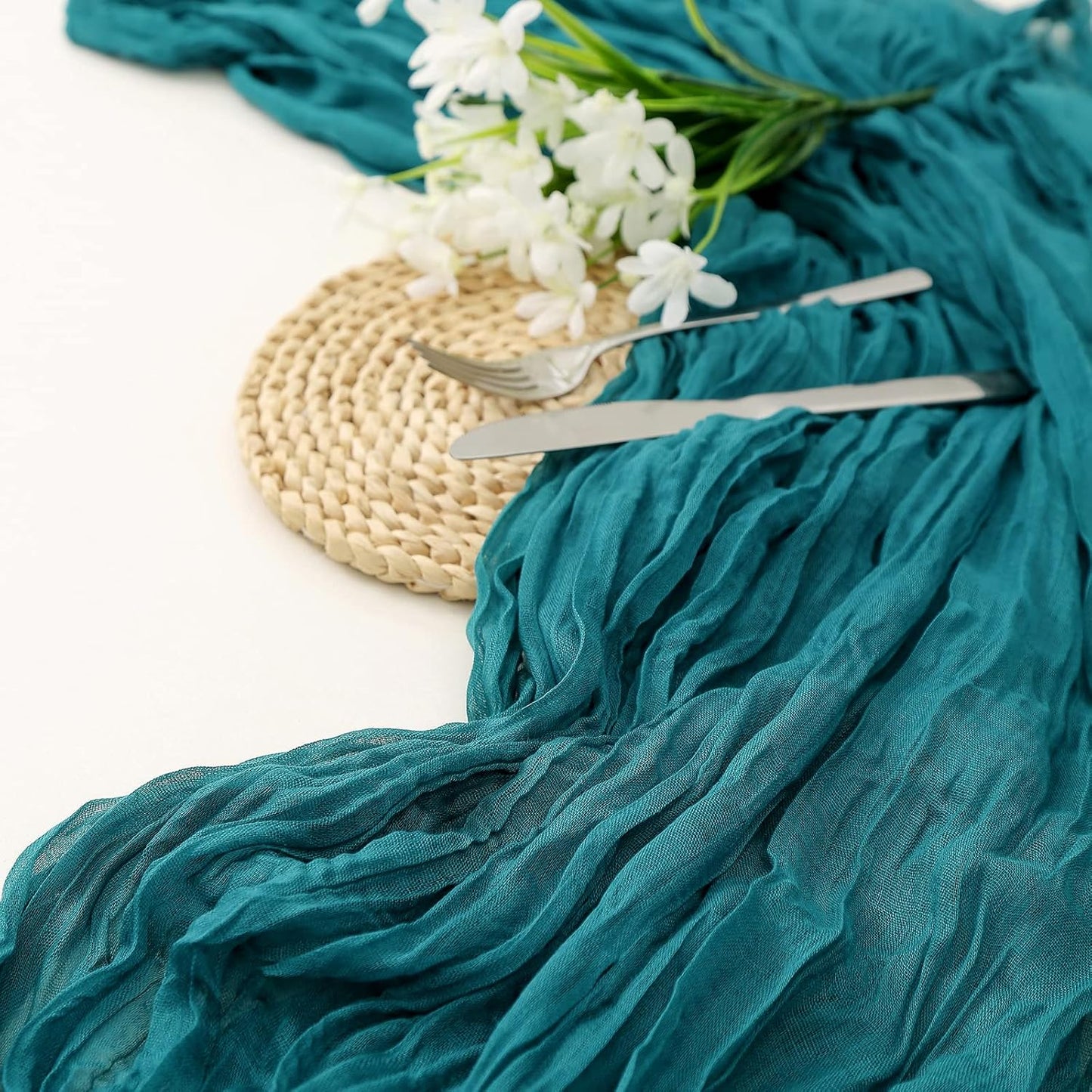 DOLOPL 8PCS Teal Cheesecloth Table Runner Bulk 13.3ft Boho Gauze Cheese Cloth Table Runner Rustic Sheer Runner 160inch Long for Wedding Bridal Baby Shower Birthday Party Cake Table Decorations