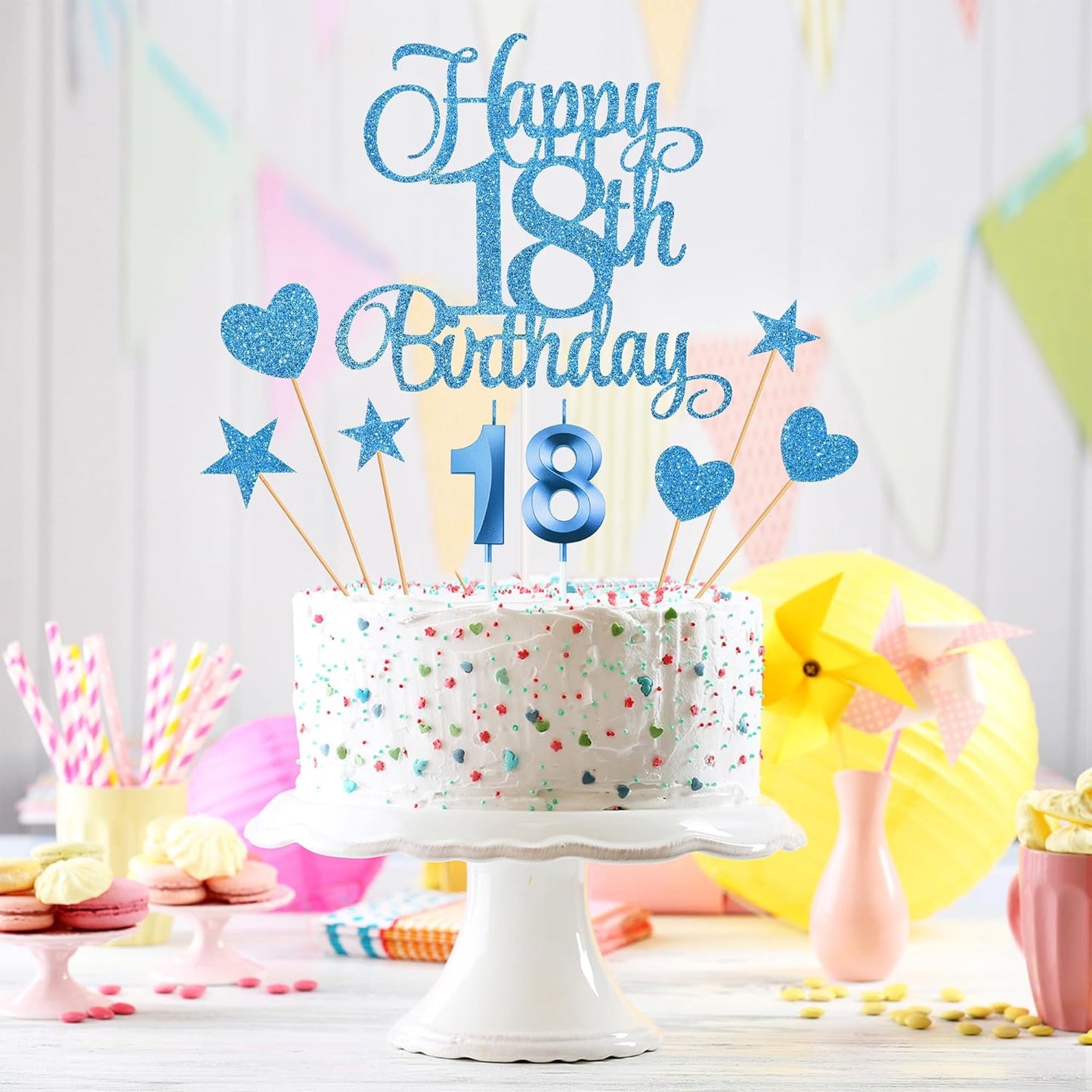 18th Birthday Cake Decorations, 18th Birthday Candles Cake Numeral Candles and Glitter Happy 18th Birthday Cake Toppers Set for Birthday Party Supplies (Blue)