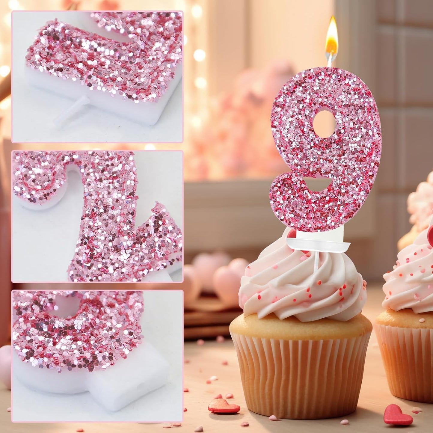 Birthday Number Candles, Glitter Number Candle Cake Decorations with Sequins, Cupcake Decorations for Girls, Women, Party Anniversary Celebrations (Number 9, Pink)