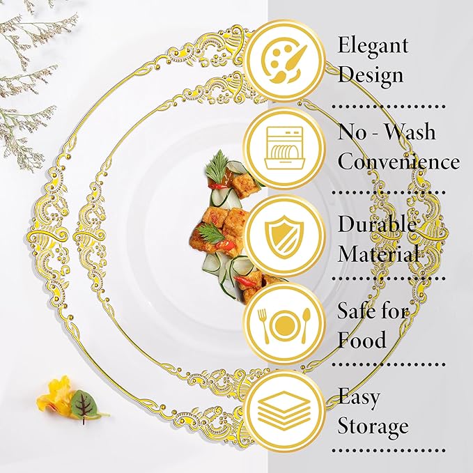 Nervure 100Pcs Clear and Gold Plastic Plates - Heavyweight Gold Disposable Plates - Plastic Plates Include 50Pcs 10.25inch Dinner Plate & 50Pcs 7.5inch Dessert Plate for Wedding & Party