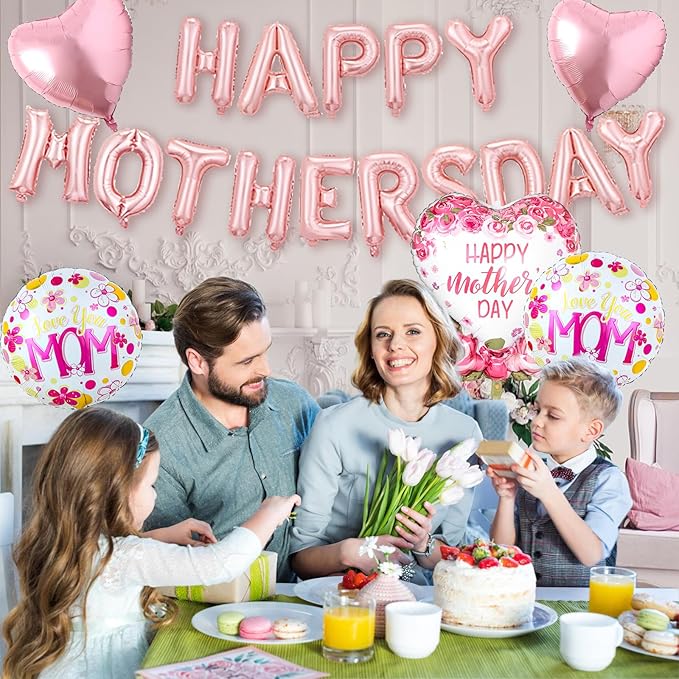 Happy Mothers Day Balloons Kit with Rose Gold Pink Heart and Letter Balloons for Mother's Day Mom Birthday Party Decorations