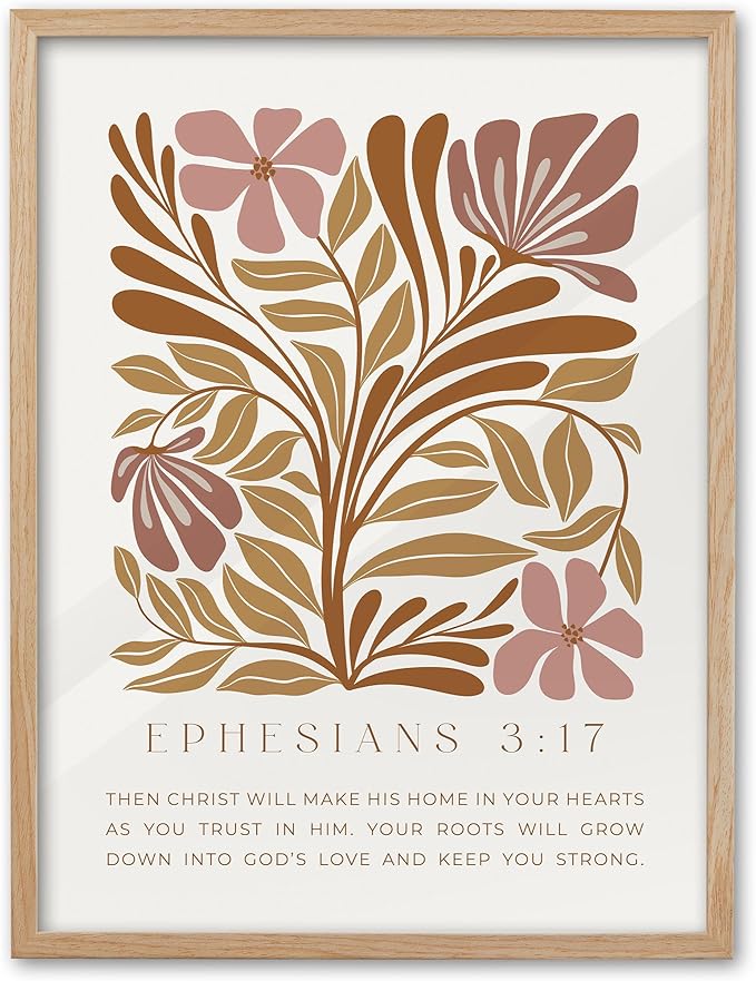 EcoHest Bible Verse Floral Framed Wall Art, 12x16 in OAK Wood Abstract Flowers Canvas Wall Art, Ephesians 3:17 Home Decor, Beige Logs Boho Christ Set of 1 for Bedroom Living Room