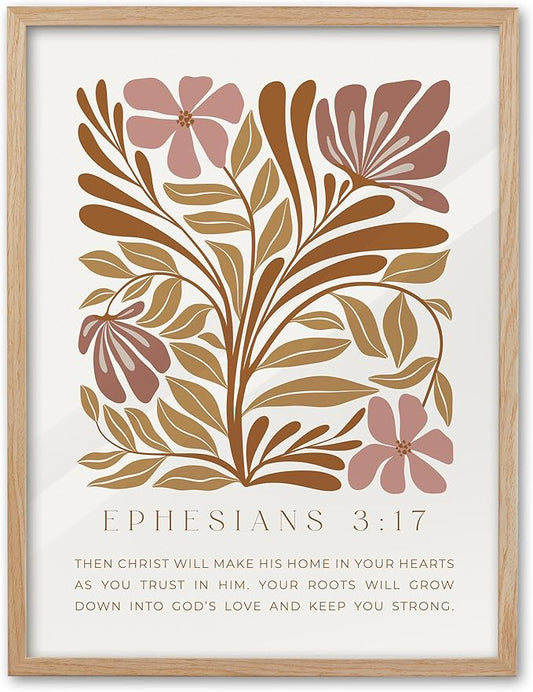 EcoHest Bible Verse Floral Framed Wall Art, 12x16 in OAK Wood Abstract Flowers Canvas Wall Art, Ephesians 3:17 Home Decor, Beige Logs Boho Christ Set of 1 for Bedroom Living Room