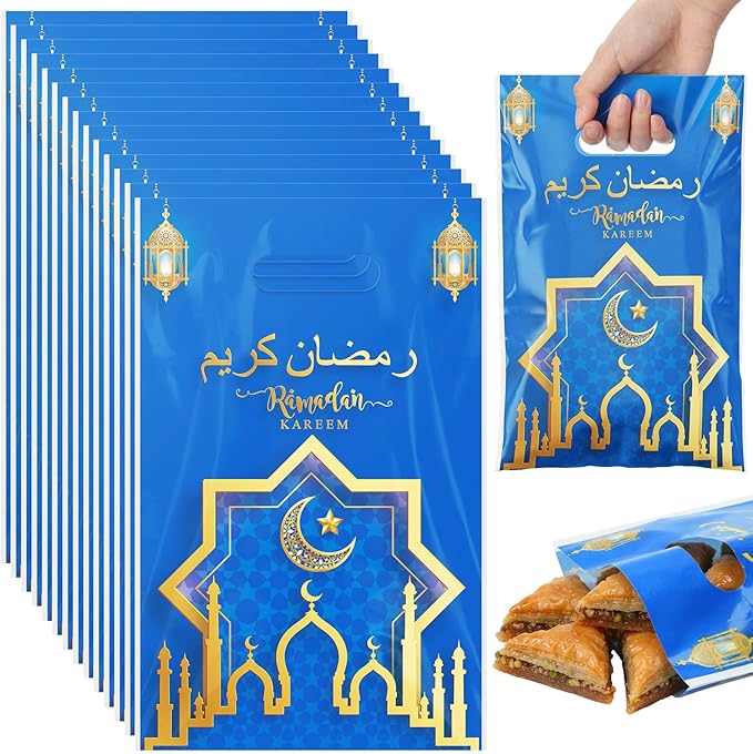 Supervitae 100 Pieces Ramadan Kareem Plastic Gift Bags Bulk Eid Mubarak Treat Candy Goodie Bags with Churches Star and Moon for Muslim Eid Party Favors Supplies