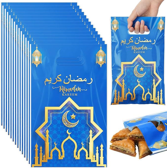 Supervitae 100 Pieces Ramadan Kareem Plastic Gift Bags Bulk Eid Mubarak Treat Candy Goodie Bags with Churches Star and Moon for Muslim Eid Party Favors Supplies