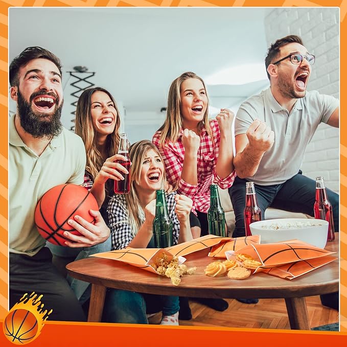 Tinlade 100 Pcs Basketball Kraft Treat Bags with Self Adhesive Basketball Theme Goodie Bags Paper Sport Candy Gift Pouches Bulk for Sport Ball Birthday Party Favor Supplies, 5x7 Inch