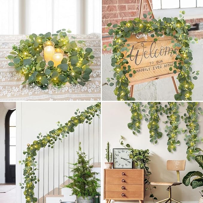 N&T NIETING 4 Pack Artificial Eucalyptus Garland with Lights, 6FT Artificial Greenery Garlands, Battery Operated Twig Vine for Room Stairs Mantle Wedding Holiday Easter Decoration Indoor Outdoor