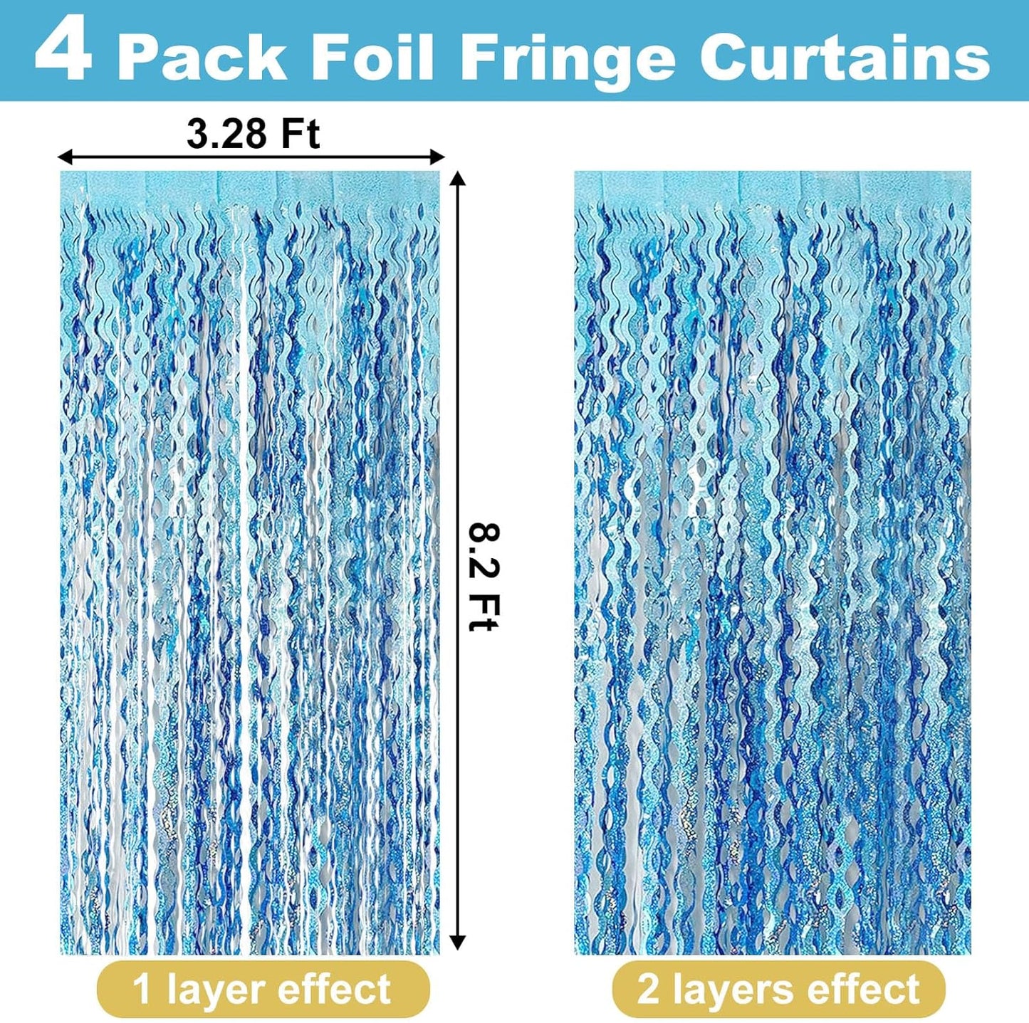 4 Pack Light Blue Fringe Curtain Backdrop 3.2Ft x 8.2Ft Metallic Tinsel Foil Fringe Streamers Background for Photo Booth, Easter, Mother's Day, Bachelorette, Wedding, Birthday Party Decoration