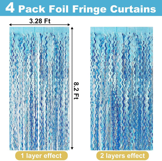 4 Pack Light Blue Fringe Curtain Backdrop 3.2Ft x 8.2Ft Metallic Tinsel Foil Fringe Streamers Background for Photo Booth, Easter, Mother's Day, Bachelorette, Wedding, Birthday Party Decoration