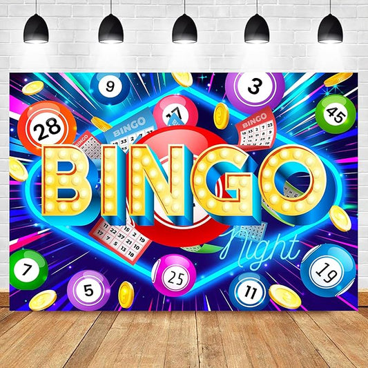 Homewelle Bingo Night Backdrop 7Wx5H Feet Polyester Fabric Snooker Game Time Cards Coins Contest Gaming Winning Ball Decoration for Adults Men Modern Cool Photography Background Photo Shoot Props