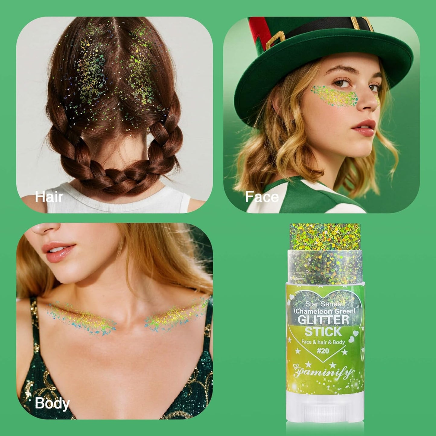 Chameleon Green Body Hair Glitter Stick,Gold Green Face Glitter Elphaba Costume Accessories,Waterproof Shimmer St Patrick's Day Outfit for Women,Mardi Gras Rave Singer Concert Makeup