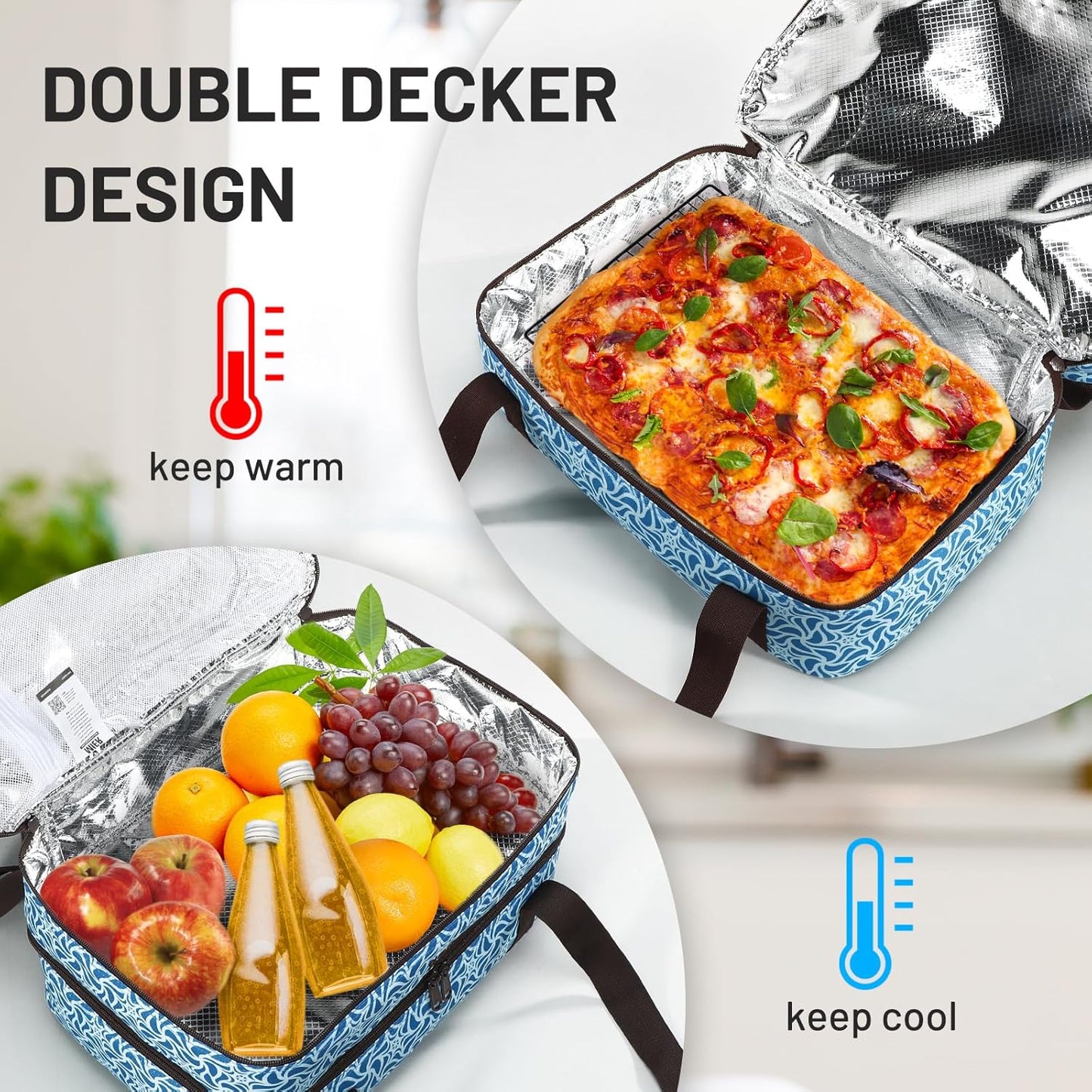 MIER Insulated Casserole Carrier Fits 9"x13" Baking Dishes/Foil Pans, Double Food Carriers Bag Thermal Holder for Hot or Cold Food Lasagna Lugger Potluck Parties Picnic Travel, Blue