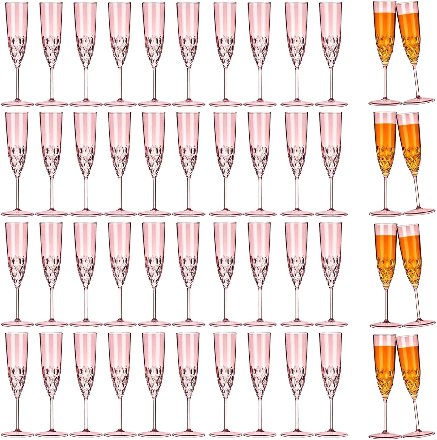 48 Pack Plastic Champagne Flutes, Shatterproof Reusable Fancy Crystal Clear Champagne Glasses, 5 oz Acrylic Unbreakable Elegant Party Drinking Cocktail Wine Glasses Wedding Birthday Bar Goblets Pink