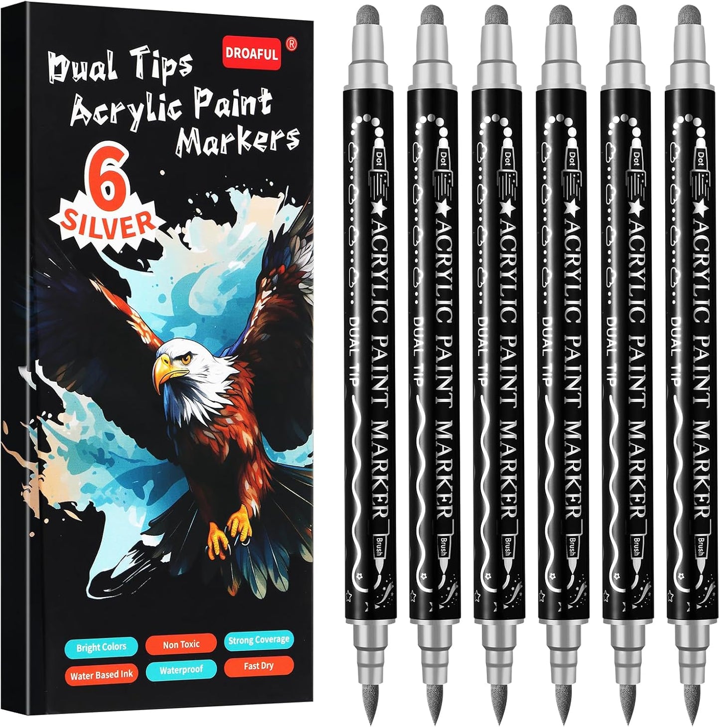 Silver Acrylic Paint Pens Markers, 6 Pc Dual Tips Waterproof Paint Markers For Rock Painting, Fabric, Metal, Glass, Wood, Canvas, Ceramic, Pumpkins, Eggs, Plastic, Non-Toxic & Odor